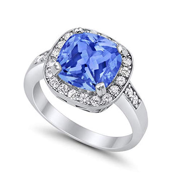 Halo Simulated Tanzanite CZ Wedding Ring Cushion Cut 925 Sterling Silver
